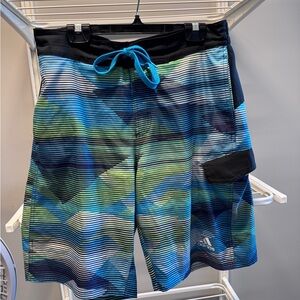 Adidas Blue and Green Striped Swim Shorts